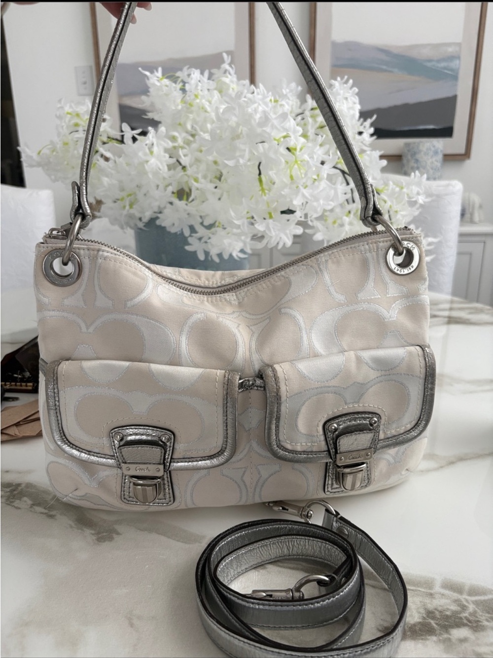 Coach Cream Signature Canvas Shoulder Bag with Silver Trim
